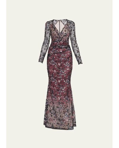 Talbot Runhof Floral Sequin Embroidered Mesh Overlay Gown - Multicolor