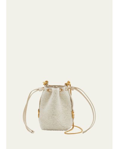 Chloé Marcie Micro Bucket Bag In Shearling With Chain Strap - Natural