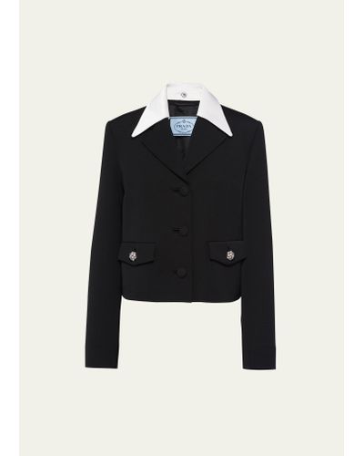 Prada Satin Collar Wool Jacket With Crystal Buttons - Black