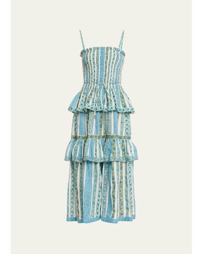 Hannah Artwear Ariella Square-neck Smocked Tiered Poplin Midi Dress - Blue