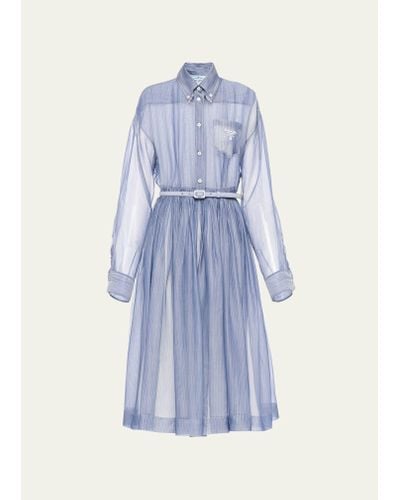 Prada Organza Stripe Belted Midi Dress - Blue