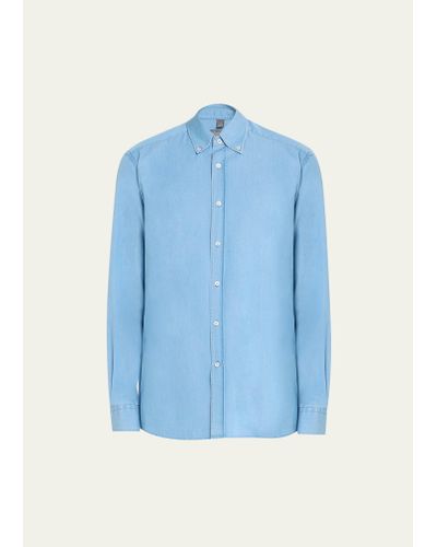 Bergdorf Goodman Chambray Casual Button-down Shirt - Blue
