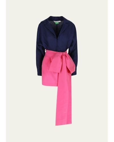 BERNADETTE Claire Colorblock Bow Mini Linen Dress - Pink