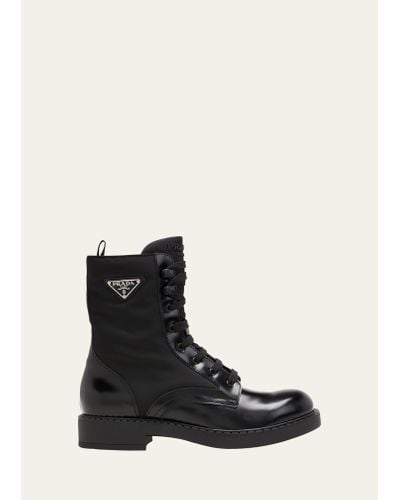 Prada Nylon & Leather Triangle Logo Combat Boots - Black