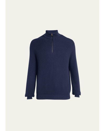 Agnona Cotton-cashmere Ribbed Quarter-zip Sweater - Blue