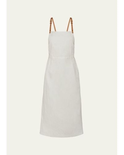 Prada Backless Leather Strap Midi Linen Dress - White