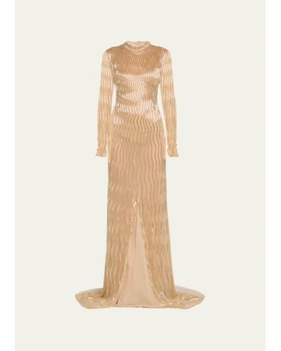Oscar de la Renta Long-sleeve Sequin Wave Embellished Tulle Gown - Natural