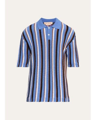 Marni Vertical Striped Knit Polo Shirt - Blue