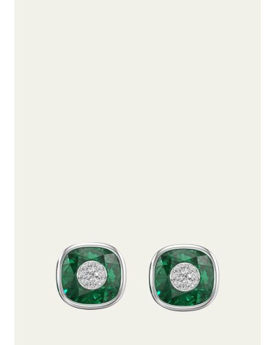 Bhansali One Collection 10mm Cushion Earrings With White Gold Bezel - Green