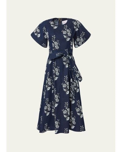 Carolina Herrera Floral-print Denim Belted Midi Dress - Blue