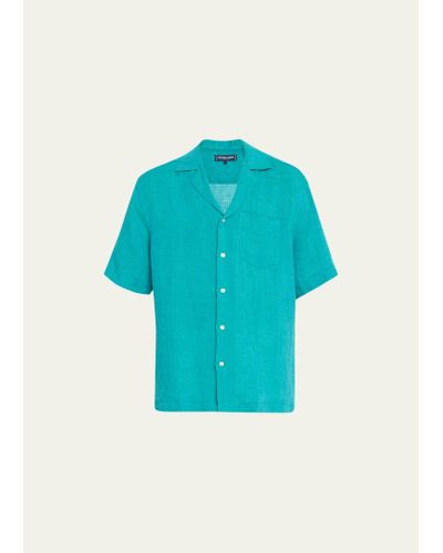 Frescobol Carioca Angelo Solid Linen Camp Shirt - Blue
