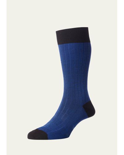 Pantherella Bourne Egyptian Cotton Crew Socks - Blue