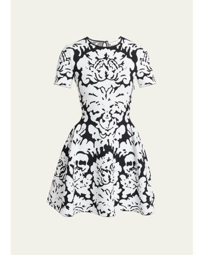 Alexander McQueen Damask Print Flare Knit Mini Dress - White