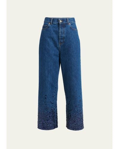 Valentino Garavani Sequin Embroidered Wide-leg Ankle Denim Jeans - Blue
