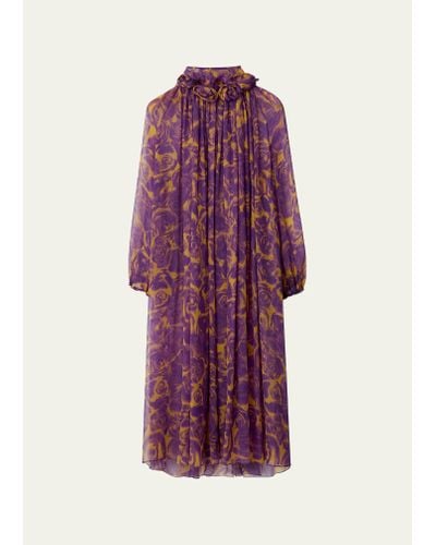 Burberry Chiffon Midi Dress With Floral Applique Detail - Purple