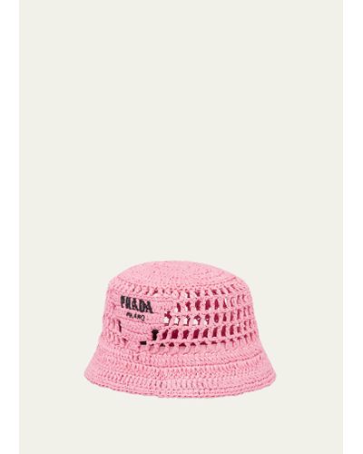 Prada Logo Cutout Raffia Bucket Hat - Pink