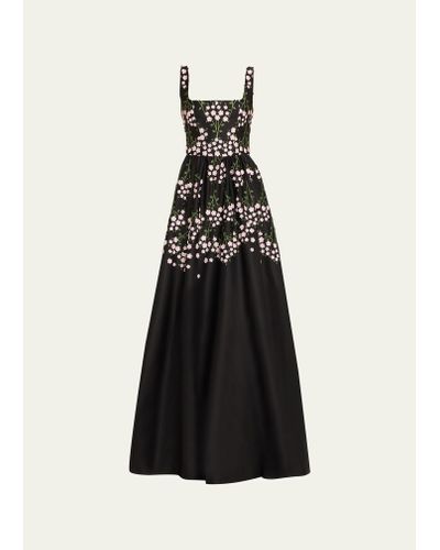 Marchesa Square-neck Embroidered Floral Applique Gown - Black