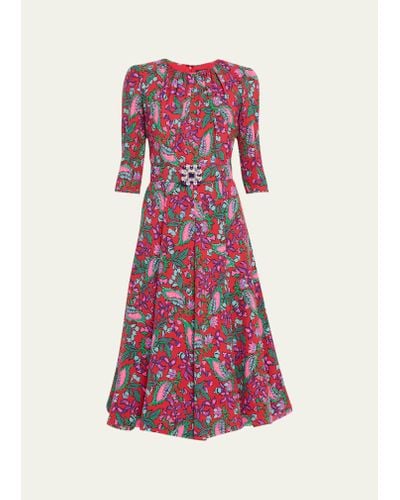 Andrew Gn Floral Print Three-quarter Sleeve Belted Midi Dress - Red