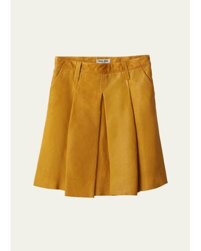 Miu Miu Large Pleated Midi Leather Skirt - Yellow