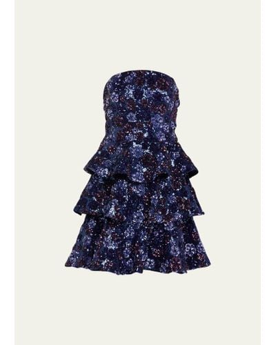Marchesa Strapless Tiered Sequin Mini Dress - Blue