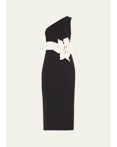 PATBO Flower Applique One-shoulder Cutout Midi Dress - Black