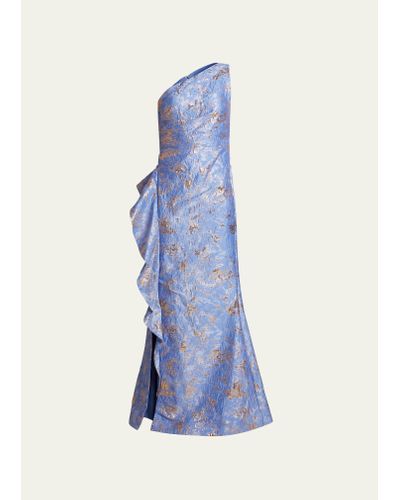 Teri Jon Metallic Jacquard One - Shoulder Gown - Blue