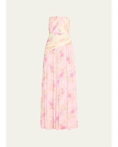 LoveShackFancy Pintil Strapless Pleated Floral Maxi Dress - Pink