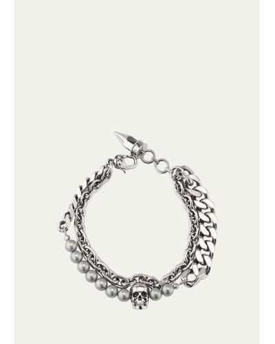 Alexander McQueen Skull And Faux Pearl Double-chain Bracelet - Natural