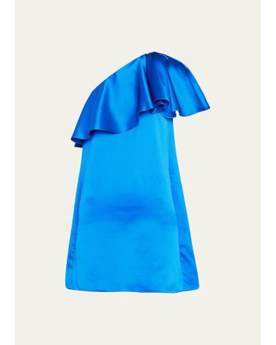 Saint Laurent One-shoulder Ruffle Satin Mini Dress - Blue
