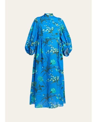Erdem Floral-print Long-sleeve Midi Shift Dress - Blue