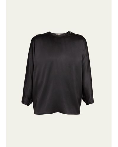 Loro Piana Valery Button Shoulder Silk Blouse - Black