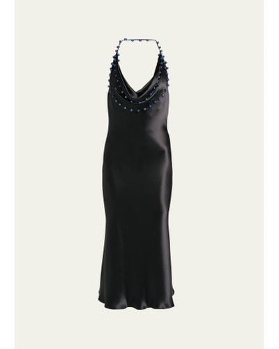 Bottega Veneta Beaded Halter Washed Fluid Shine Viscose Dress - Black
