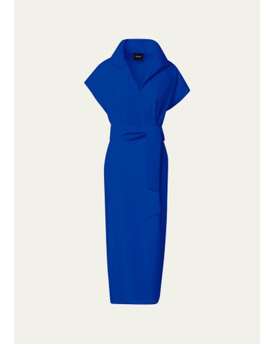 Akris Cap-sleeve Waist-sash Cotton Silk Midi Shirtdress - Blue