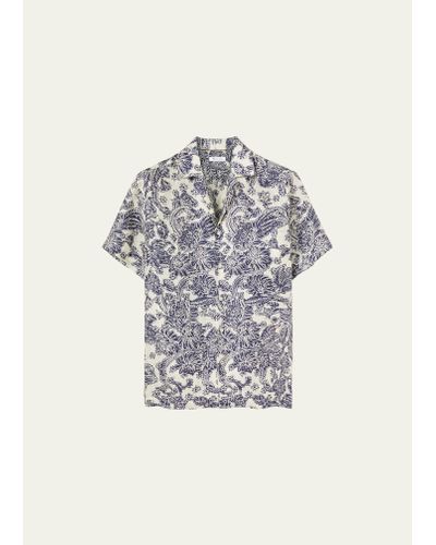 Loro Piana Tindaro Linen Printed Camp Shirt - Gray