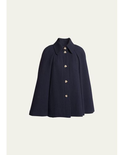 Chloé Waffle Wool Short Cape Coat With Knot Buttons - Blue