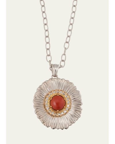 Buccellati Blossoms Color Daisy 18k Gold And Silver Necklace With Diamonds And Red Jasper - White
