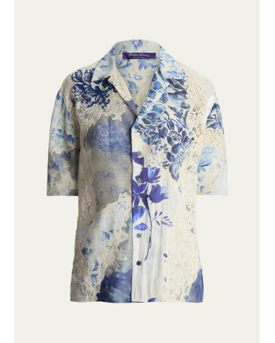 Ralph Lauren Collection Aislyng Floral Lace Button Down Top - Blue
