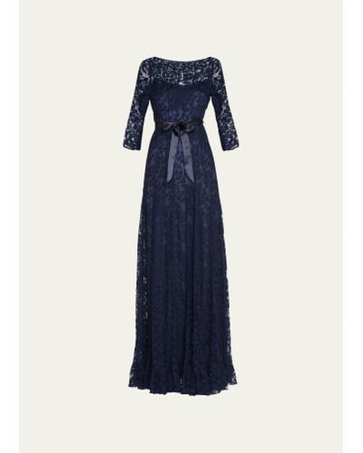 Teri Jon 3/4-sleeve Lace Overlay Gown - Blue