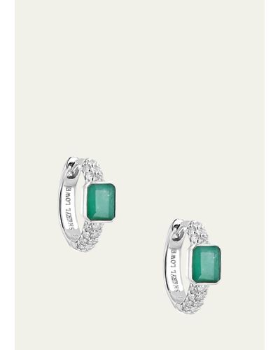 Sheryl Lowe 3 Row Diamond Huggie Earrings With Emeralds - Green
