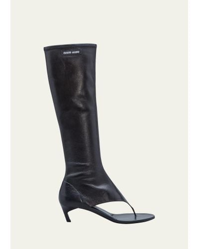 Miu Miu Lambskin Thong Knee Boots - Black