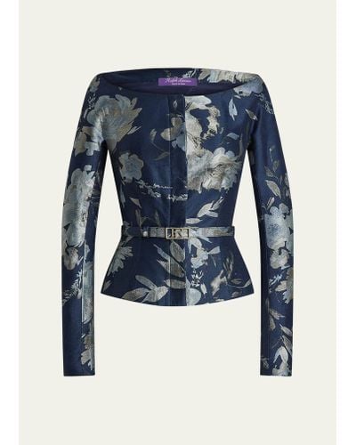 Ralph Lauren Collection Bethanne Floral Jacquard Belted Jacket - Blue