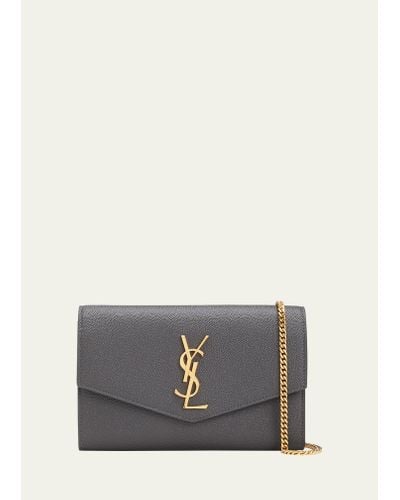 Saint Laurent Uptown Ysl Wallet On Chain In Grained Leather - Gray