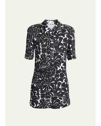 Saint Laurent Palm Print Collared Mini Dress - Black