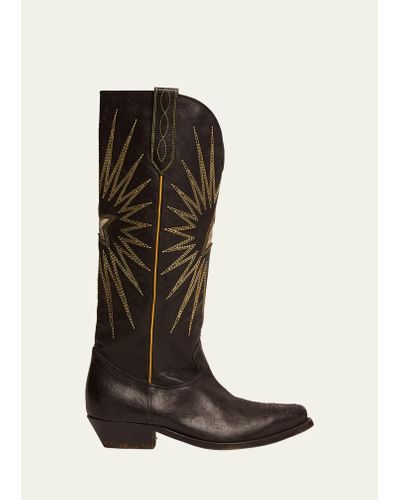 Golden Goose Wish Star Embroidered Leather Western Boots - Black