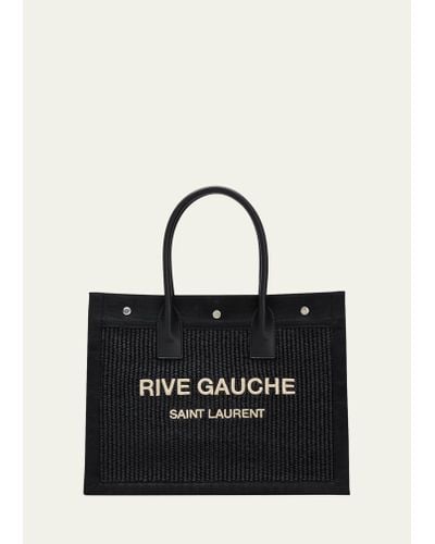 Saint Laurent Rive Gauche Small Tote Bag In Raffia - Black