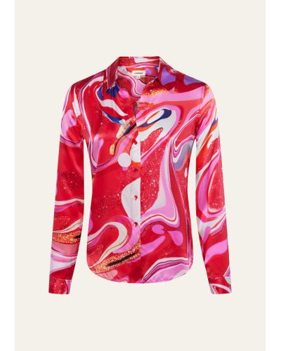 L'Agence Multi Tie-dye Swirl Tyler Button-front Silk Blouse - Red