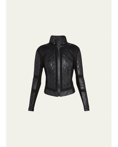 BLANC NOIR Quilted Leather & Mesh Moto Jacket - Black