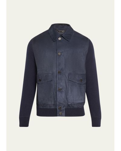 FIORONI CASHMERE Suede Bomber Jacket With Knitted Sleeves - Blue