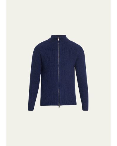 Bergdorf Goodman Wool-cashmere Mouline Full-zip Sweater - Blue