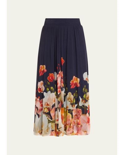 Fuzzi Floral-print A-line Tulle Midi Skirt - Blue